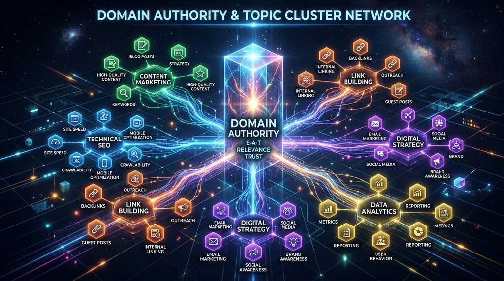 Topic cluster content model diagram showing pillar page network connections.