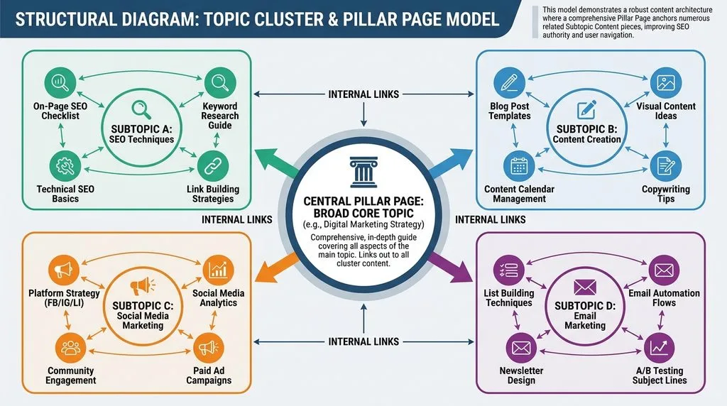 Structural diagram demonstrating a central pillar page connected to surrounding subtopic cluster content.