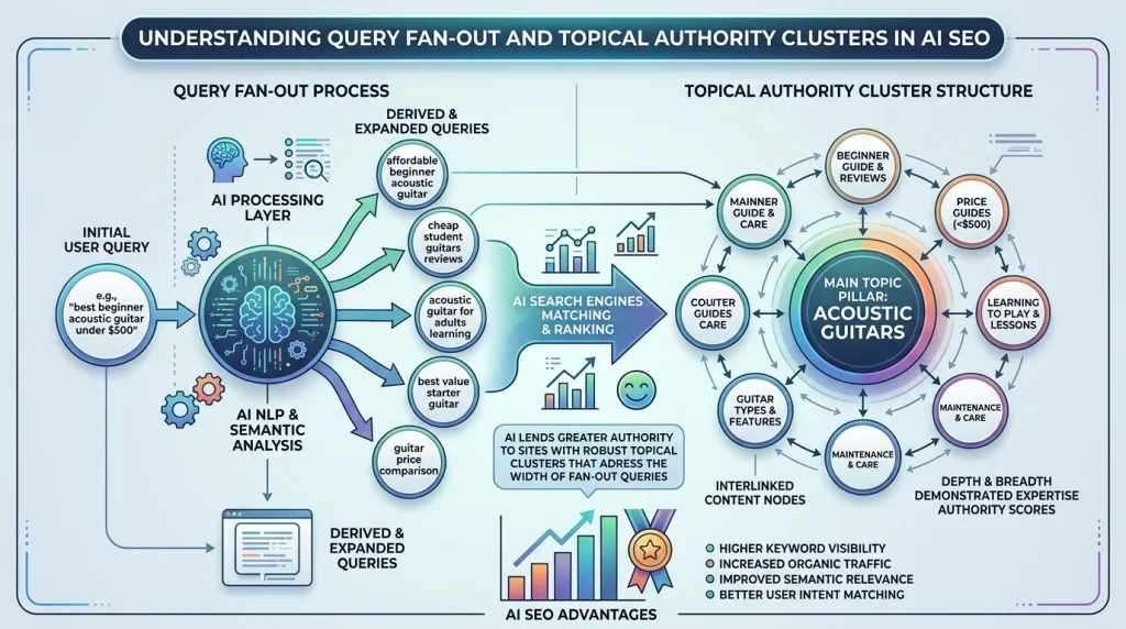 Diagram illustrating the query fan-out process and topical authority clusters for AI SEO.