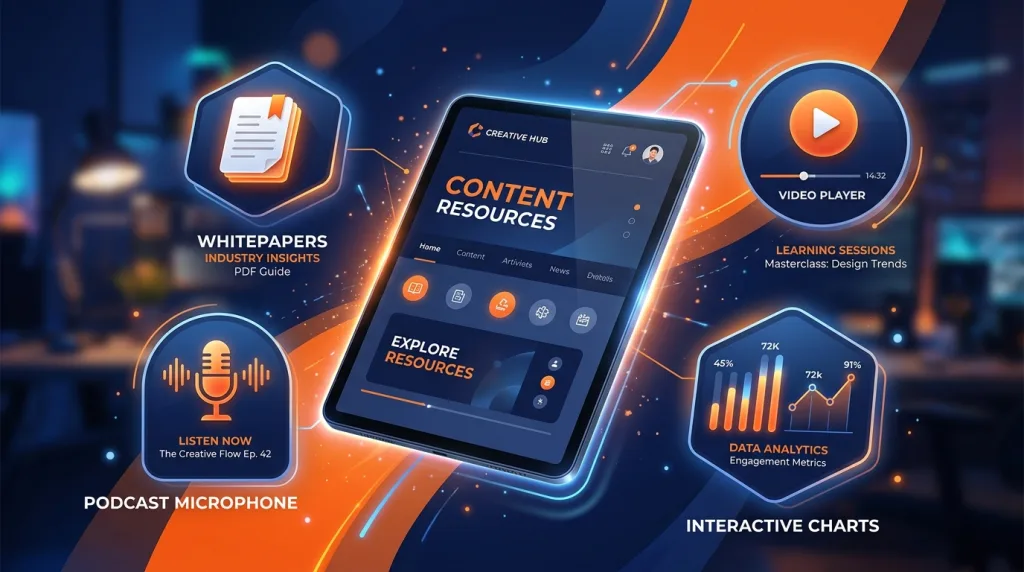 Collection of diverse content formats including articles, e-books, podcasts, and video tutorials