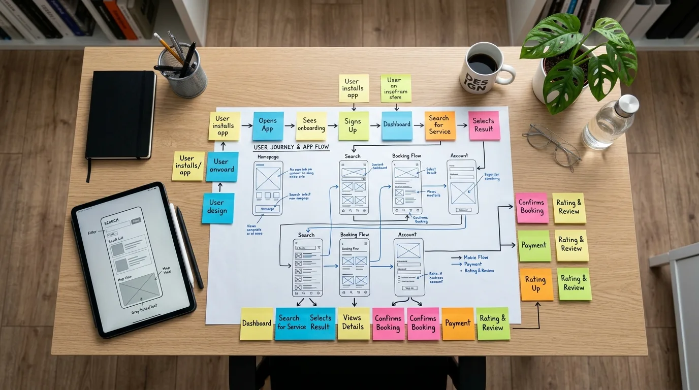 Minimalist wireframe interface design sketching out information architecture and user flows.