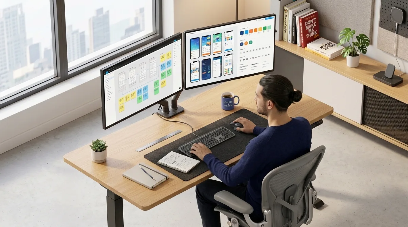 UI UX designer creating digital interface wireframes and visual design systems on a desktop setup.