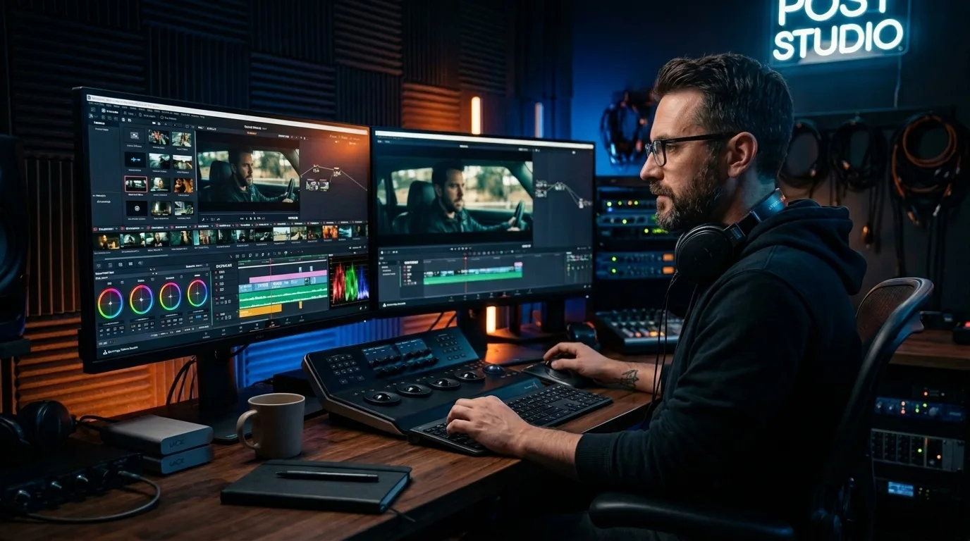 Professional video editor working on a multi-monitor video editing workstation in a post-production studio.