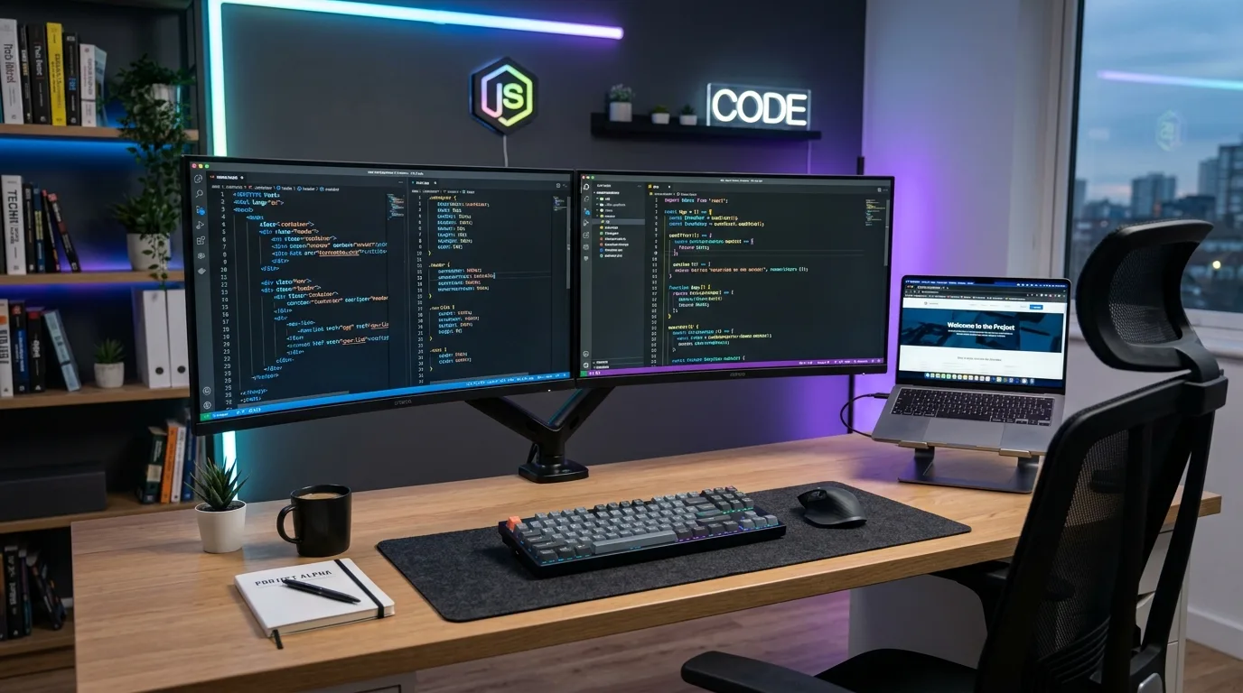 A web developer working on HTML, CSS, and JavaScript code across multiple monitors.