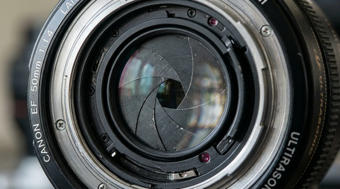 A close-up view of an open camera lens showing internal aperture blades and glass elements.