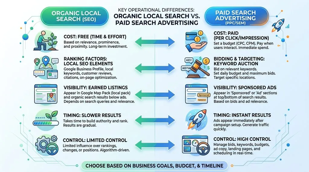 Graphic illustrating the core operational differences between organic local search and paid search advertising.