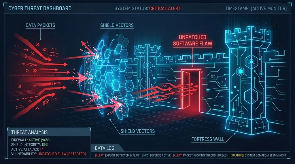 Illustration of an unauthorized attacker exploiting a software flaw