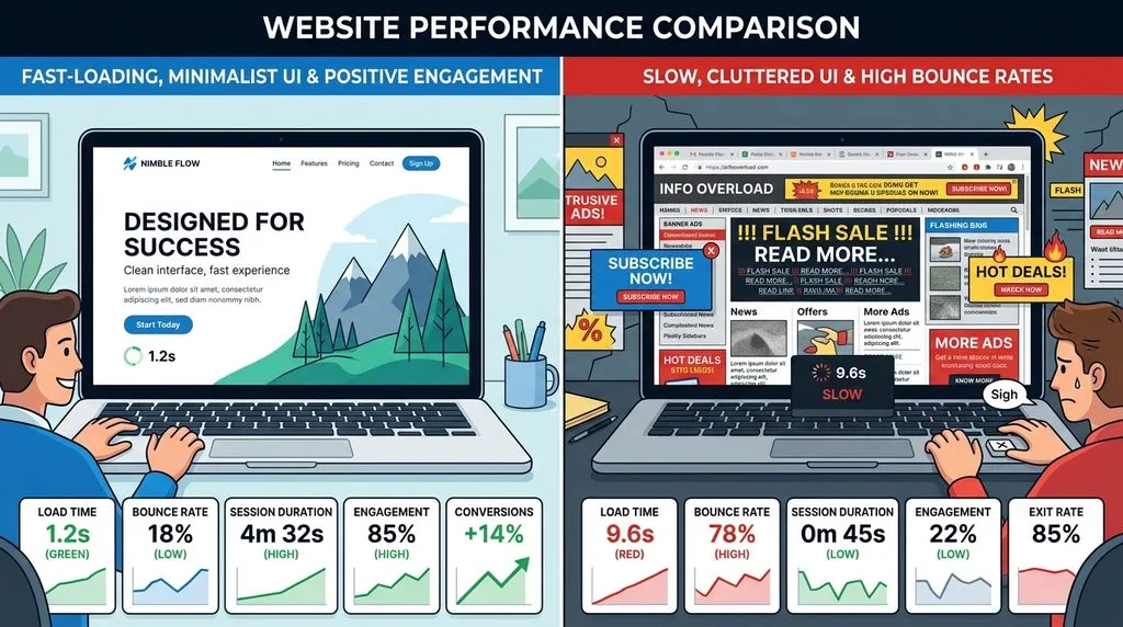 Visual comparison showing how site speed and user experience impact perceived brand credibility.