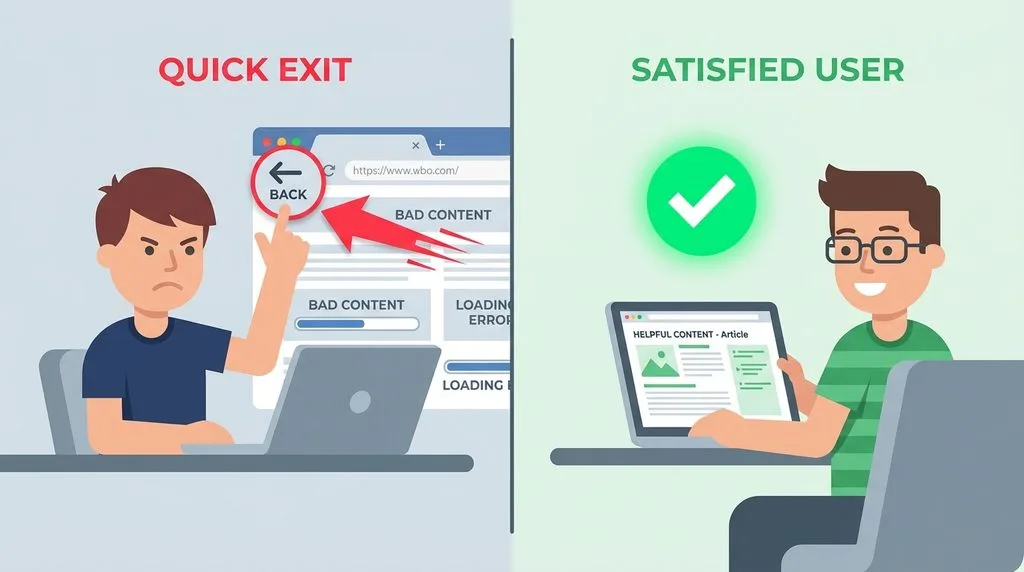 Illustration of user experience signals like dwell time and pogo-sticking in search results.