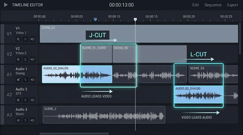 Diagram illustration showing J-cut and L-cut audio and video overlaps on an editing timeline.