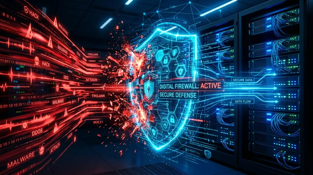 Digital firewall barrier stopping malicious red web traffic from reaching a secure server