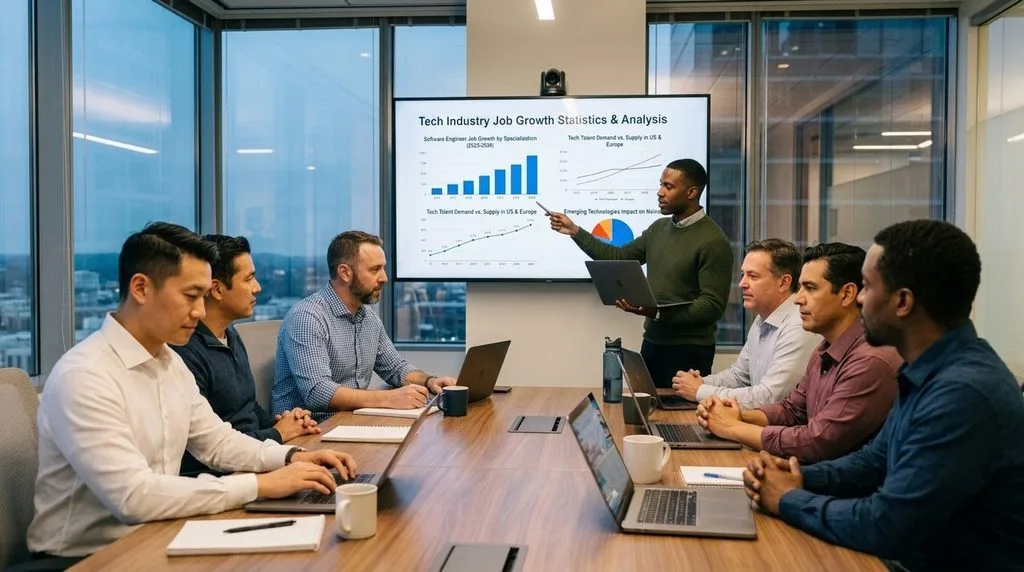 Software engineering team evaluating tech industry job growth statistics and data charts