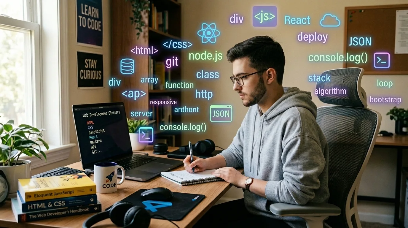 A beginner studying web development terminology on a laptop with floating tech icons