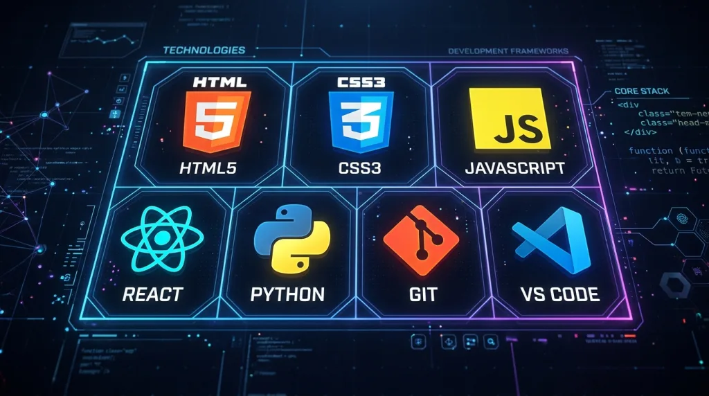 Visual collection of web development programming languages and software tools.