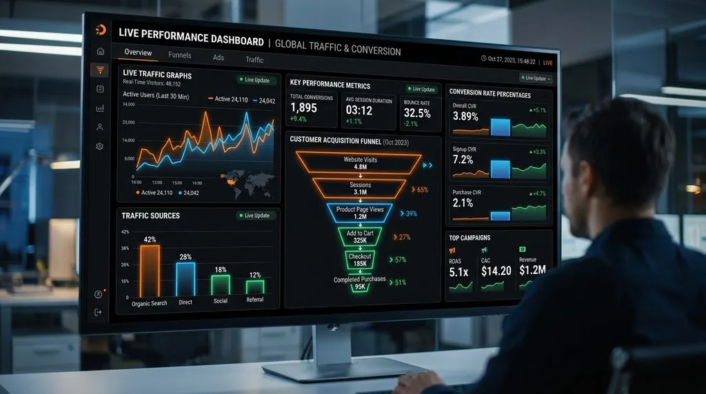 Digital marketing analytics dashboard tracking conversion rates, user traffic, and key business KPIs.