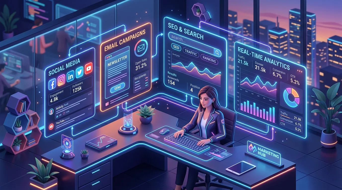 Modern web marketing strategy dashboard displaying connected digital channels and real-time analytics.