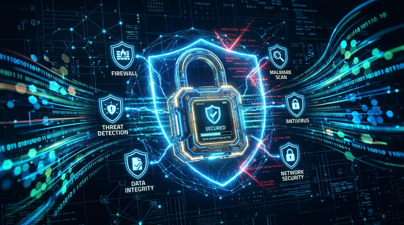 Digital padlock surrounded by cyber threat protection icons and data streams