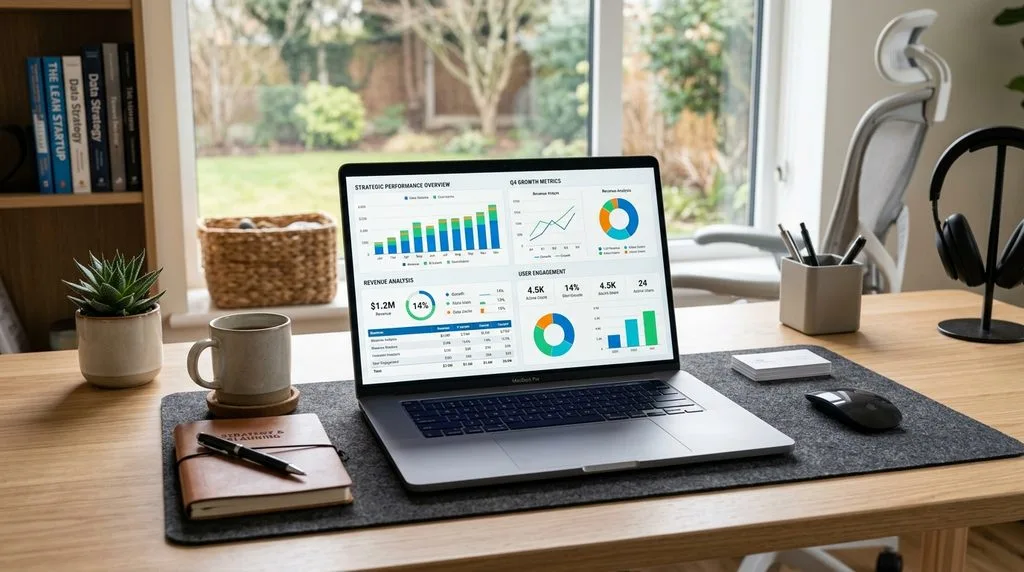 A laptop displaying organized website analytics and data dashboards.