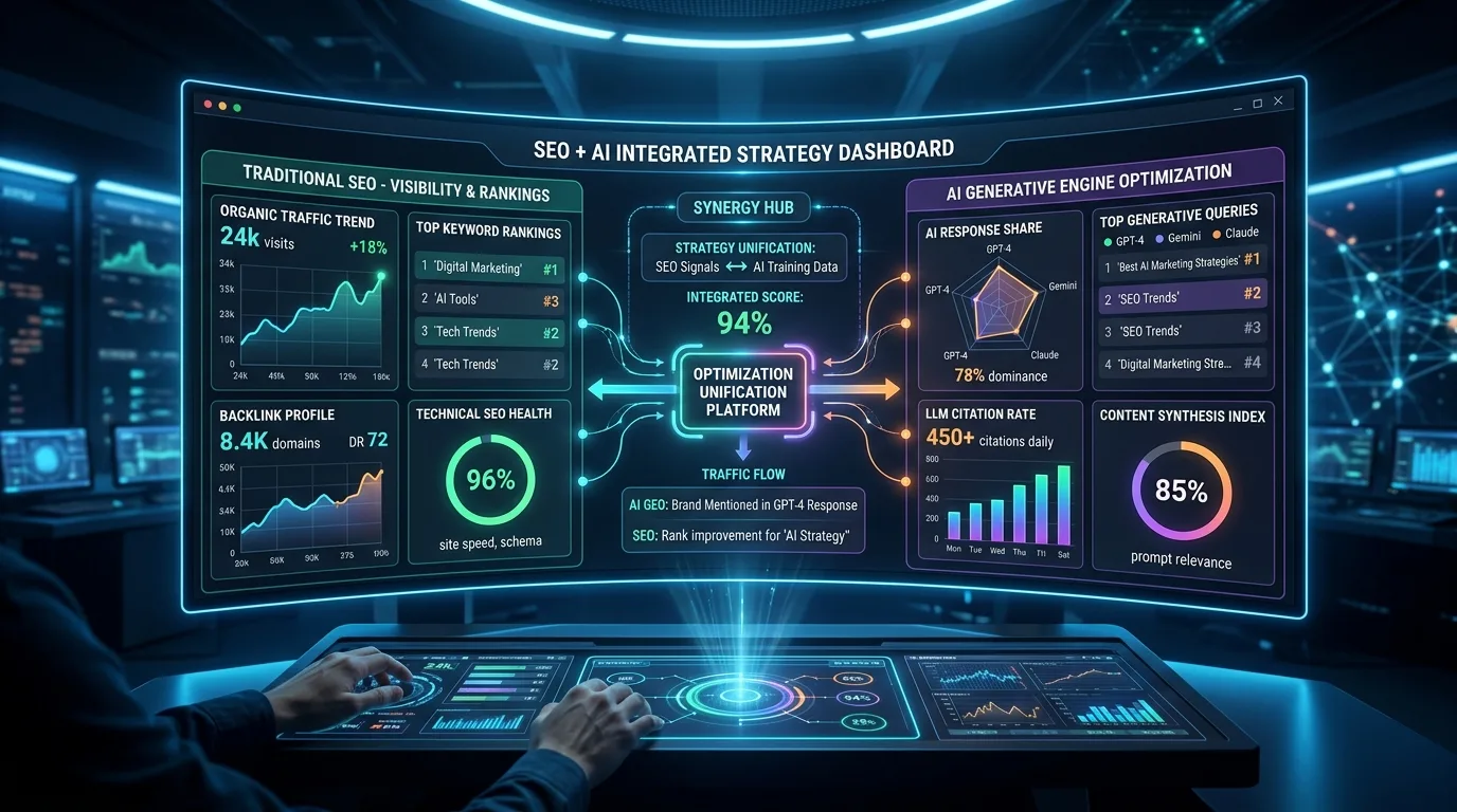 Futuristic dashboard showing traditional SEO and AI generative engine optimization working together.