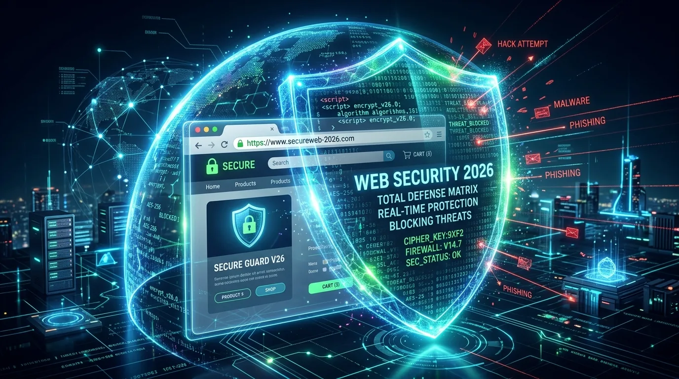 Digital glowing shield with code matrix protecting a browser window representing website security in 2026