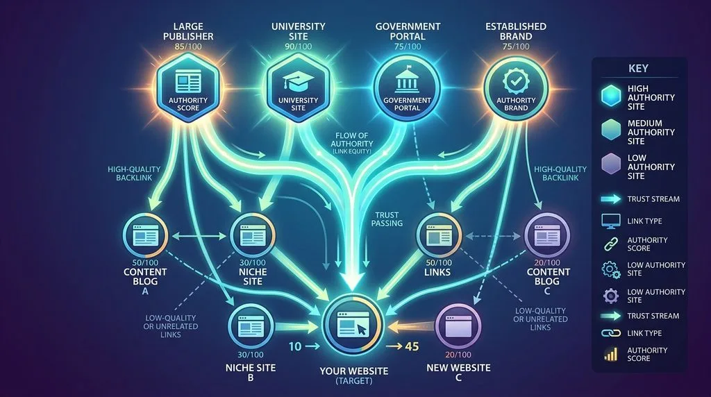 Network diagram illustrating how link building and authority pass trust between websites.