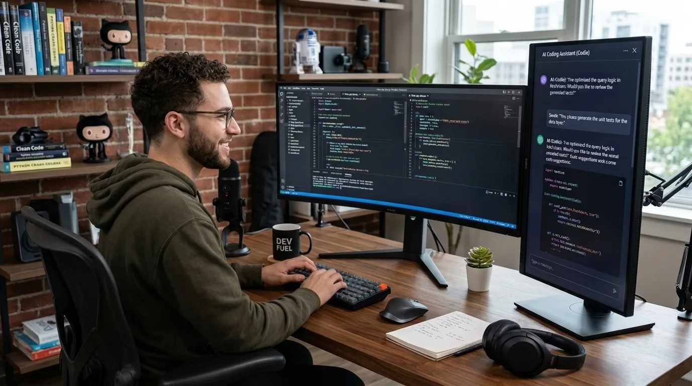 Human developer collaborating with an AI coding assistant on a modern workstation