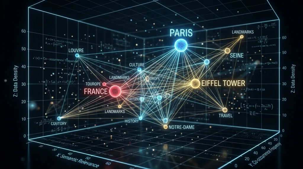 3D graph demonstrating how word vectors connect related search concepts.