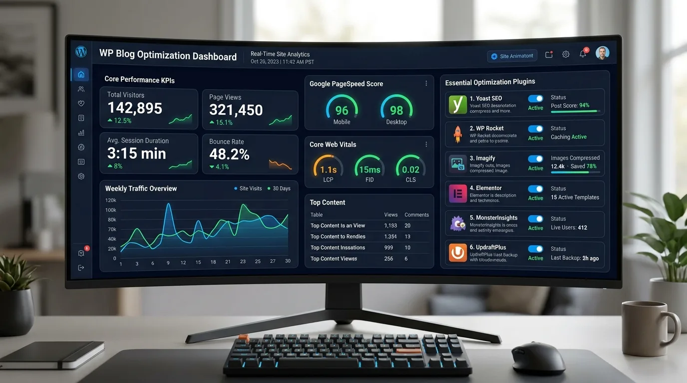 A dynamic digital dashboard showcasing key performance indicators and essential WordPress plugins for blog optimization.
