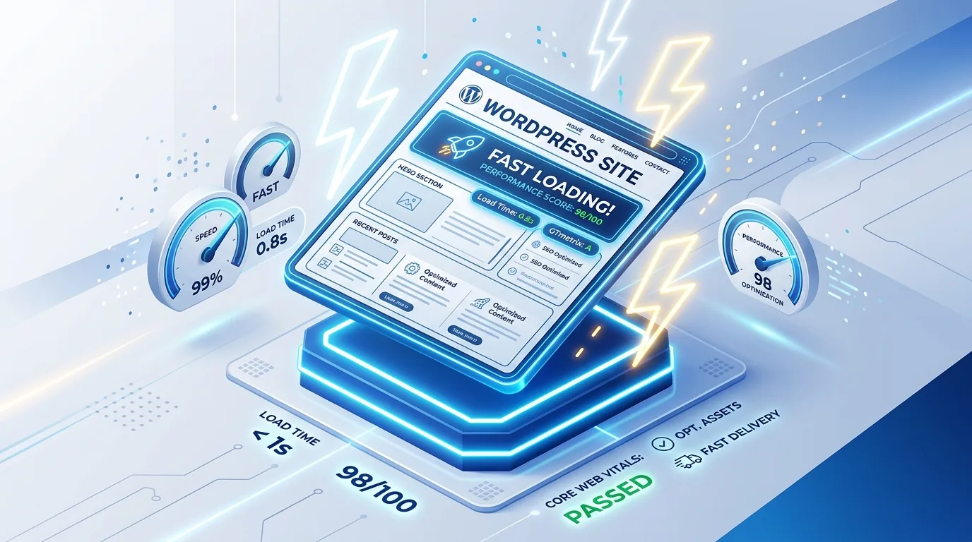 3D graphic representing speed and performance optimization for WordPress websites.