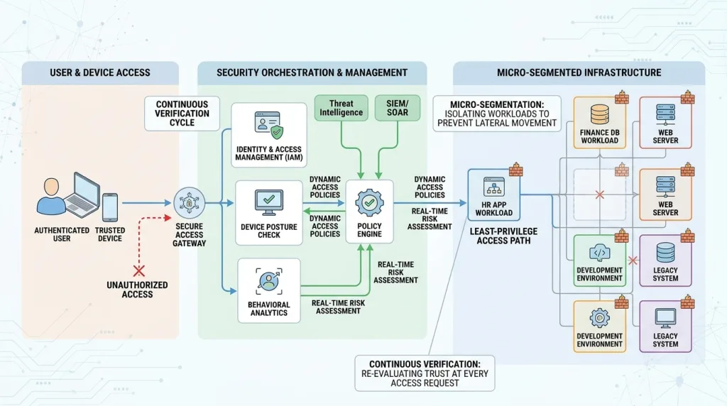 Network diagram depicting continuous verification and micro-segmentation in zero trust architecture