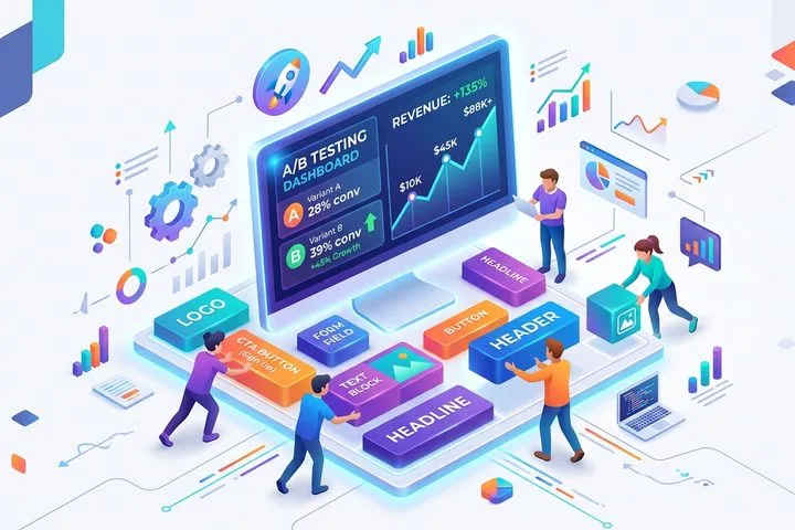 3D illustration of marketers analyzing a conversion rate optimization dashboard with upward trending graphs and AB testing metrics.