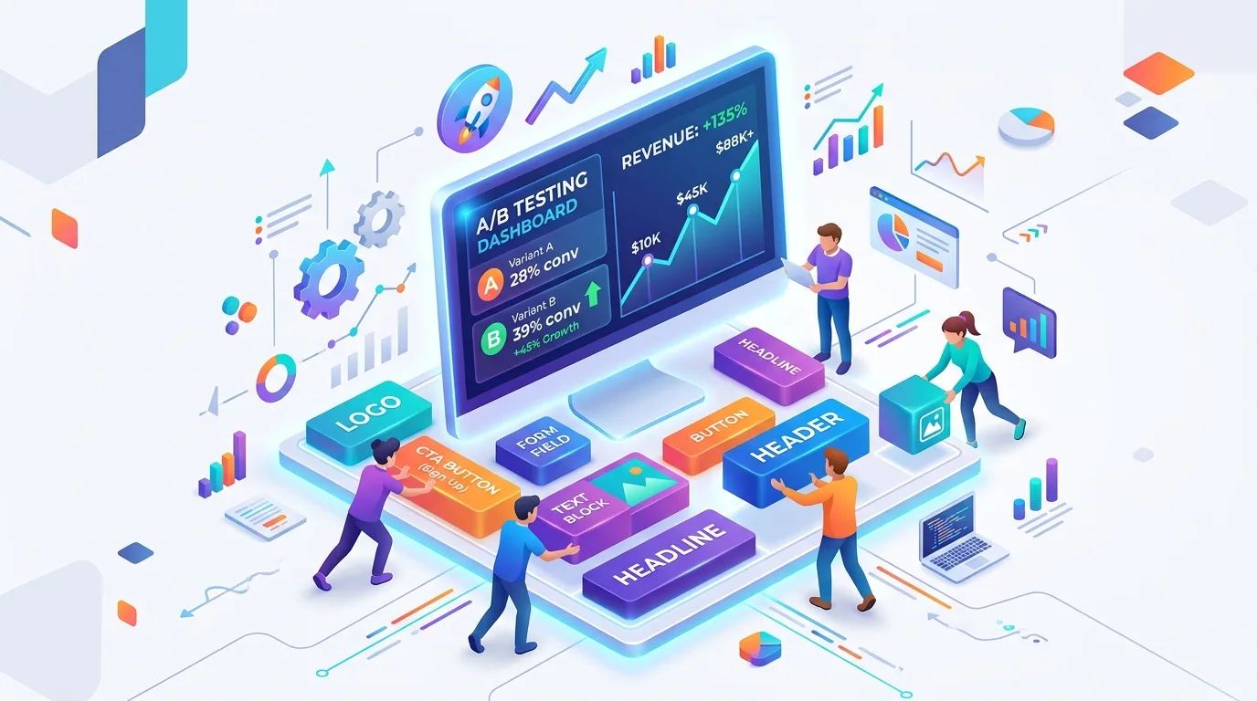 3D illustration of marketers analyzing a conversion rate optimization dashboard with upward trending graphs and AB testing metrics.