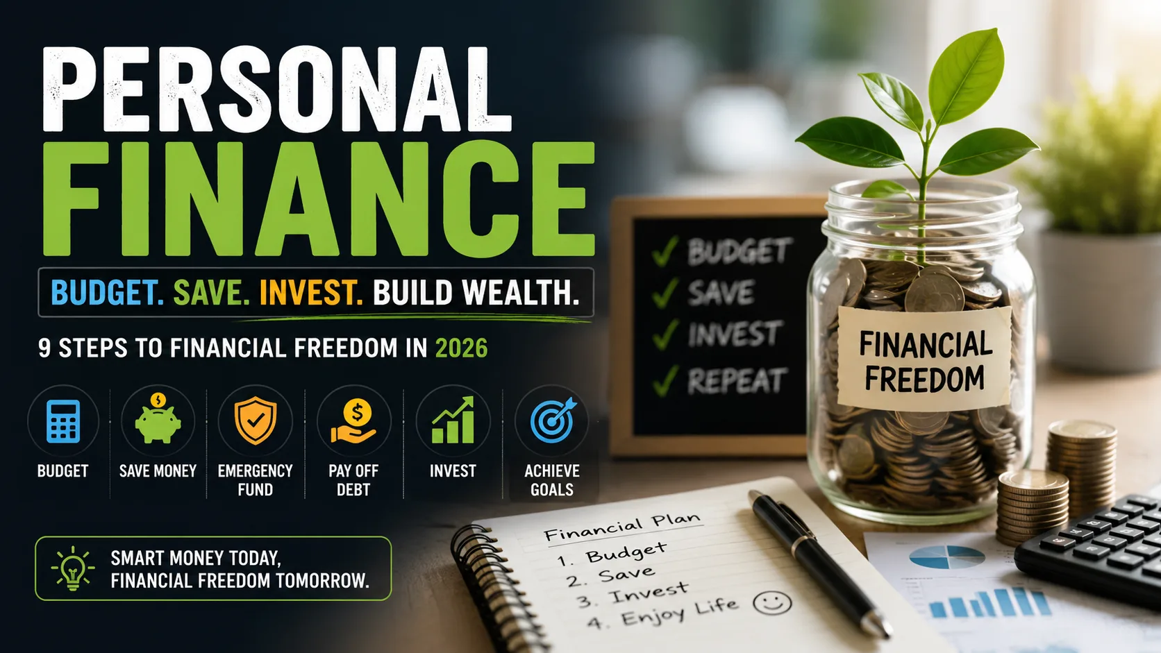 Personal finance guide showing budgeting, saving money, investing, emergency funds, debt payoff and financial freedom in 2026
