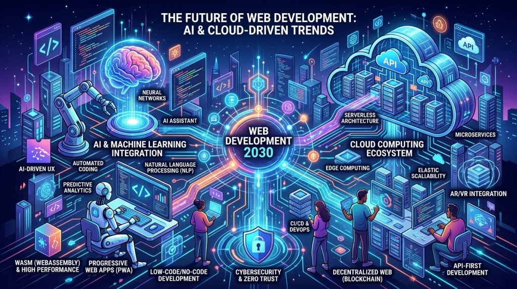 Conceptual illustration of future web development trends including AI and cloud computing.
