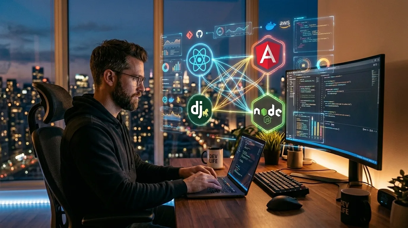 Web development framework architecture illustration showing frontend, backend, and database layers.