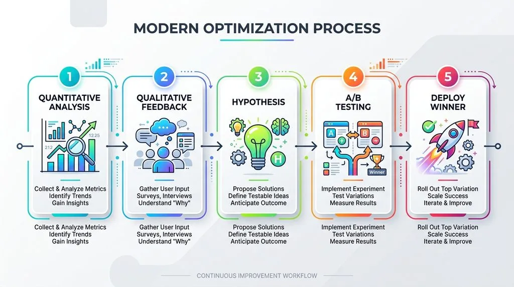Step-by-step process infographic for implementing a Conversion Rate Optimization CRO strategy.