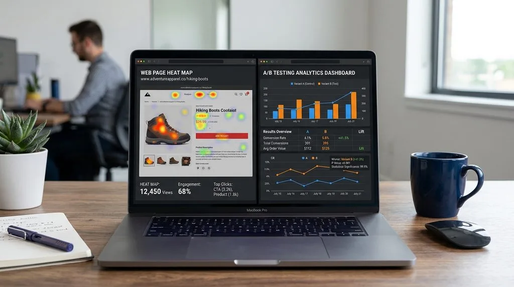Digital dashboard displaying CRO tools including website heatmaps and A/B test analytics.