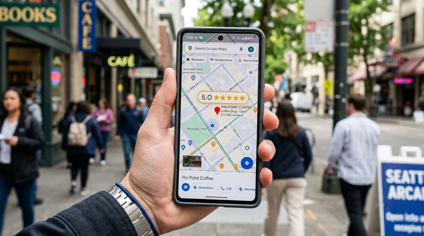 Smartphone showing a 5-star local business pin on a digital map