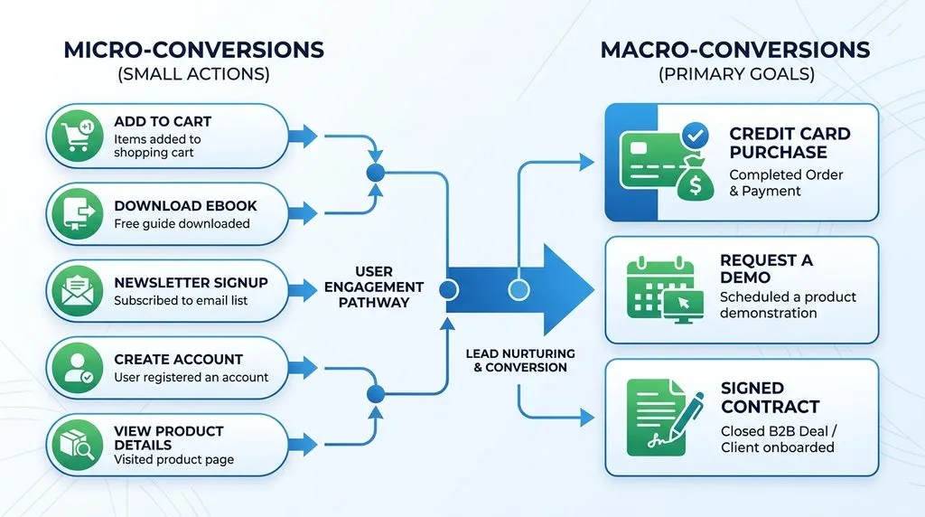Diagram illustrating the difference between micro-conversions and macro-conversions in a sales funnel.