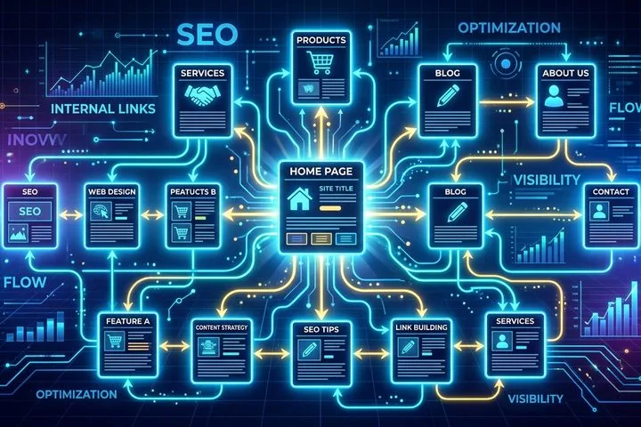 A digital illustration showing glowing lines connecting website pages, representing an optimized SEO internal linking structure.