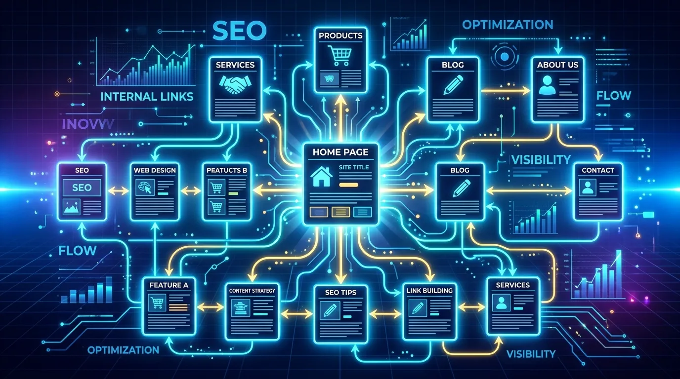 A digital illustration showing glowing lines connecting website pages, representing an optimized SEO internal linking structure.