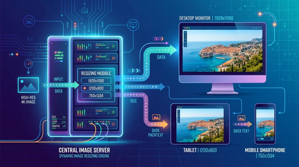 Illustration showing responsive image delivery delivering optimized image sizes to desktop, tablet, and mobile devices.