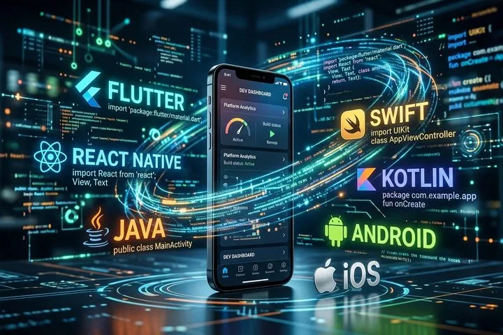 Modern smartphone surrounded by digital code representing top mobile app development platforms.