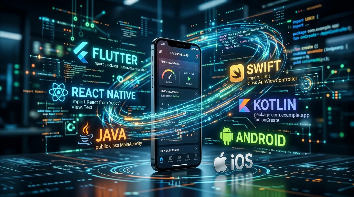 Modern smartphone surrounded by digital code representing top mobile app development platforms.