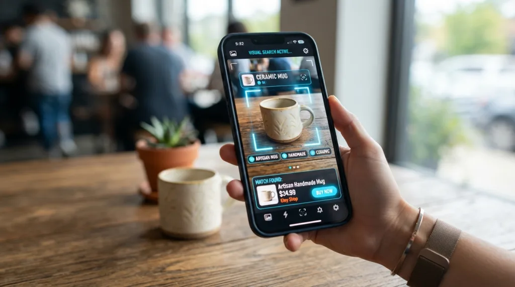 Smartphone scanning a product with visual search software to identify matching e-commerce product listings.