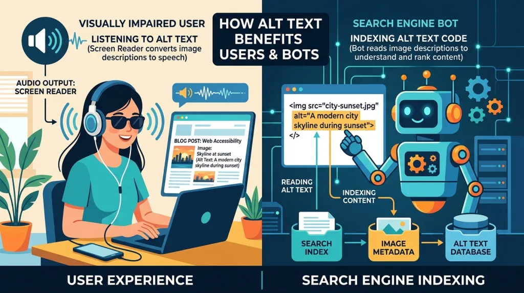 Split-screen diagram comparing how screen readers read alt text for accessible users and how search engines index alt text tags.