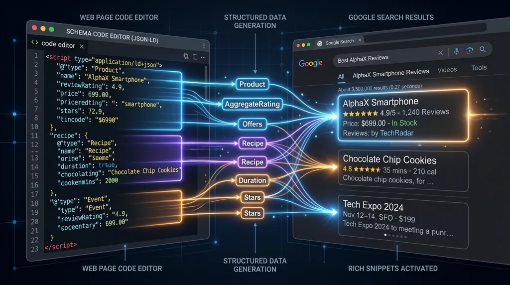 Visualization of JSON-LD ImageObject schema code generating rich snippet product previews on search results.