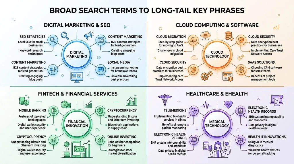 Diagram showing the classification of short-tail, long-tail, LSI, and local SEO keywords.