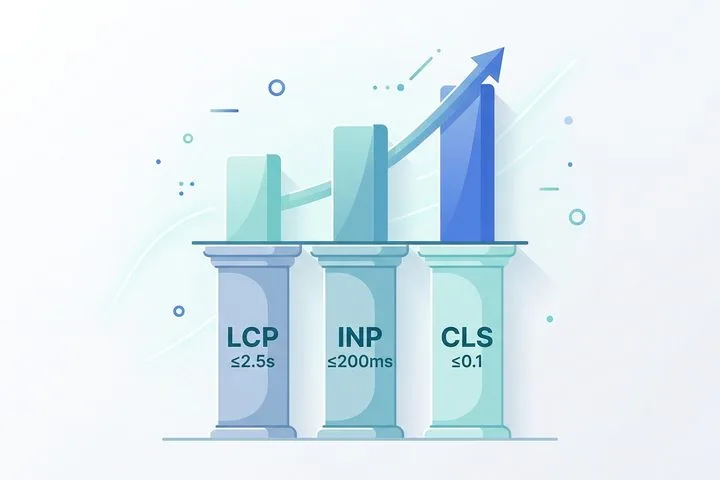 Three pillars representing Core Web Vitals metrics LCP, INP, and CLS with their good-score thresholds