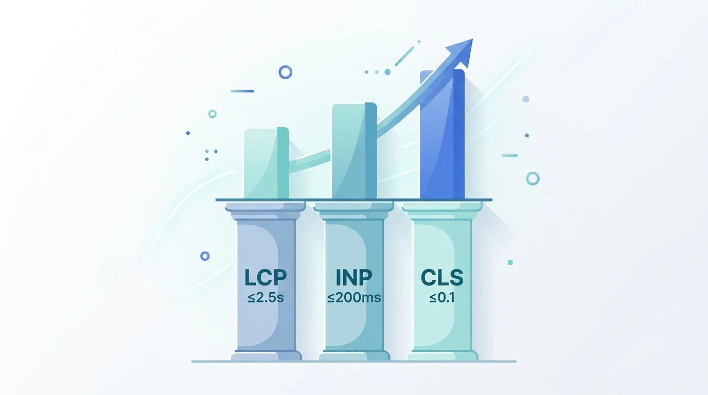 Three pillars representing Core Web Vitals metrics LCP, INP, and CLS with their good-score thresholds